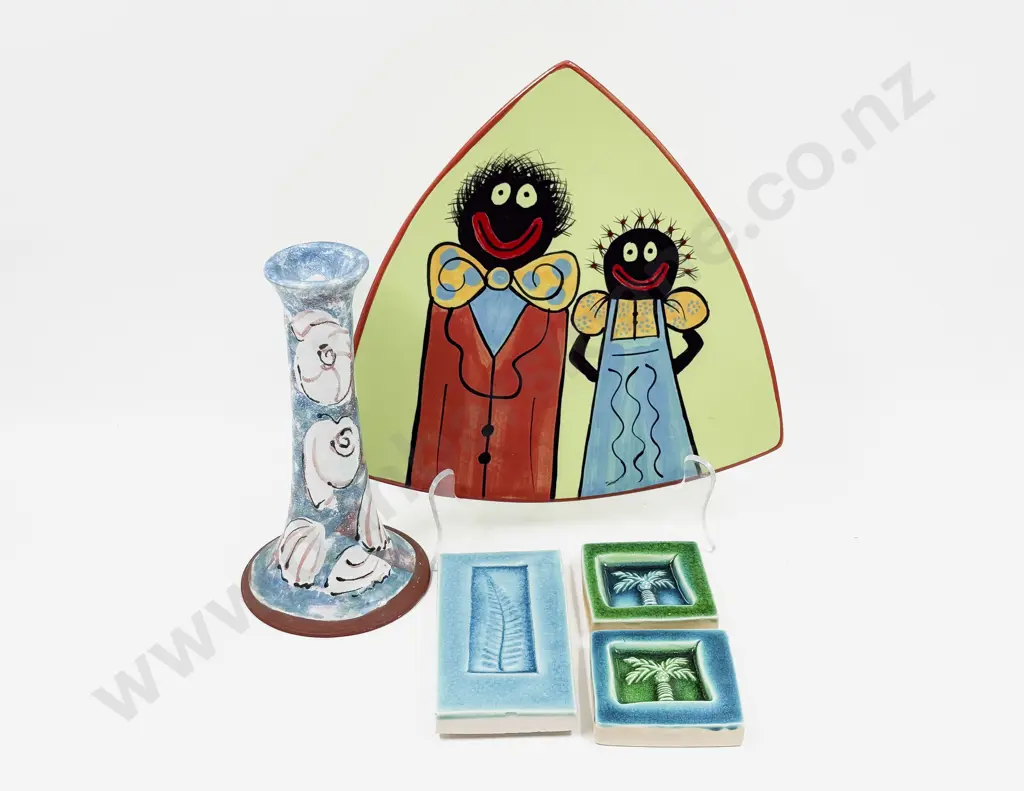 Three Device Pottery Tiles & Two Pieces of NZ Pottery Image 1++