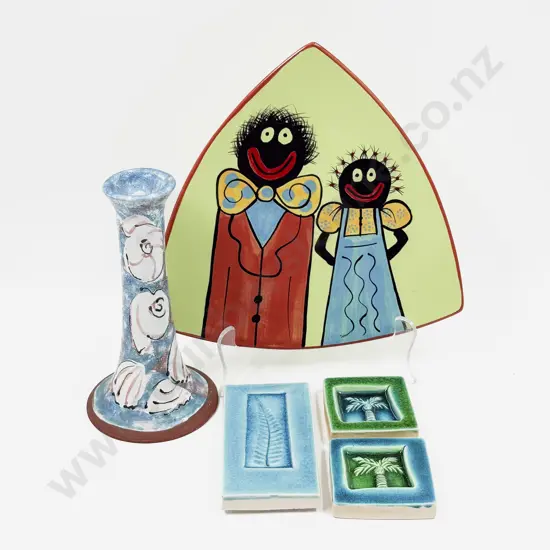 Three Device Pottery Tiles & Two Pieces of NZ Pottery