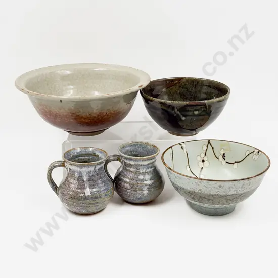 Three Pottery Bowls with Pair of Pottery Mugs