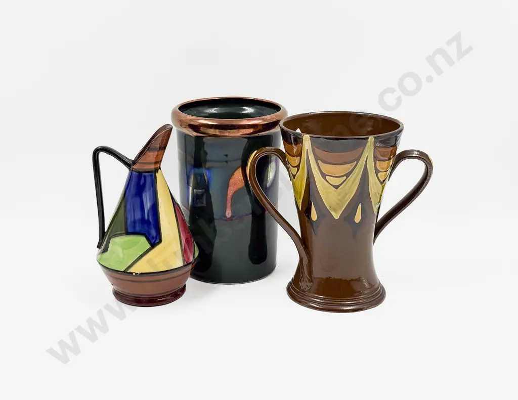 Alexander Fisher Watcombe Torquay Double Handled Vase & Two Others Image 1++