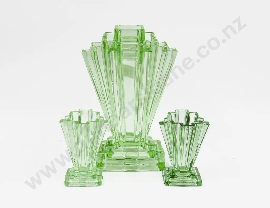 Art Deco Glass Vase together with Pair of Smaller Examples Image 1++