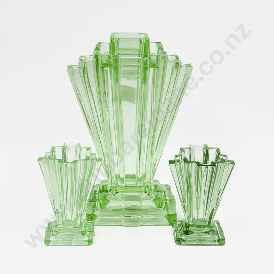 Art Deco Glass Vase together with Pair of Smaller Examples