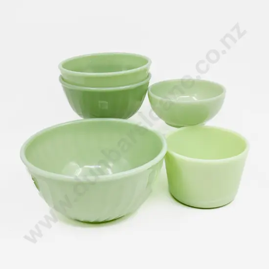 Three Fire King USA Jadeite Mixing Bowls & Two Others