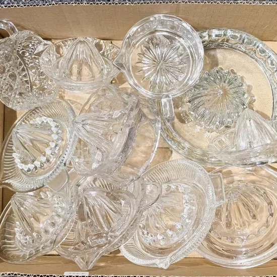 Box Quantity of Assorted Vintage Glass Lemon Squeezers