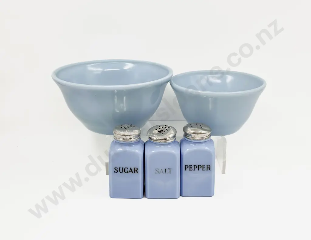 Two Opaque Glass Mixing Bowls with Set of Three Condiment Castors Image 1++