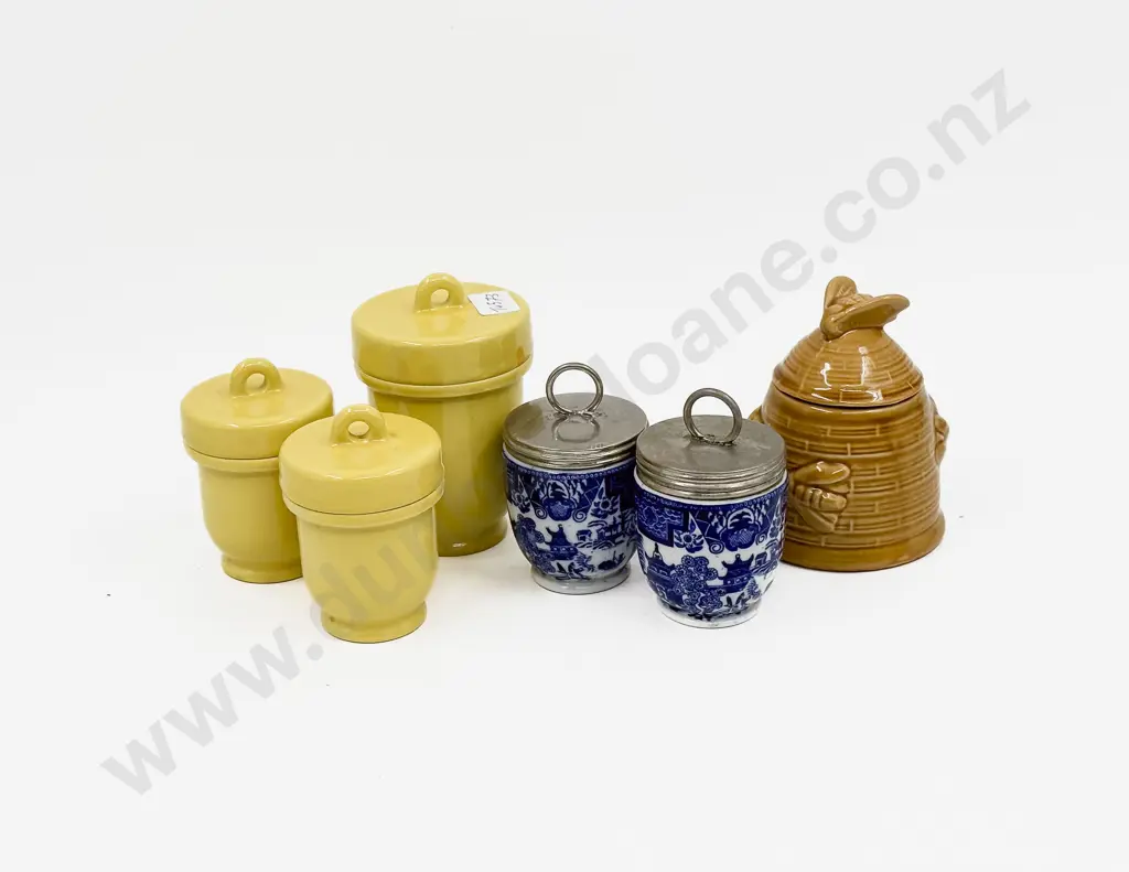 Five Assorted Egg Coddlers together with Lidded Honey Pot Image 1++