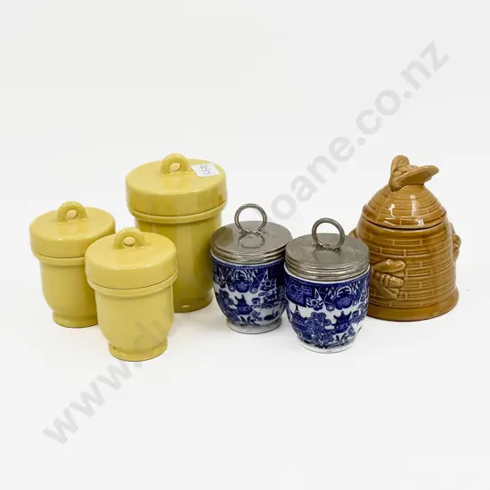 Five Assorted Egg Coddlers together with Lidded Honey Pot