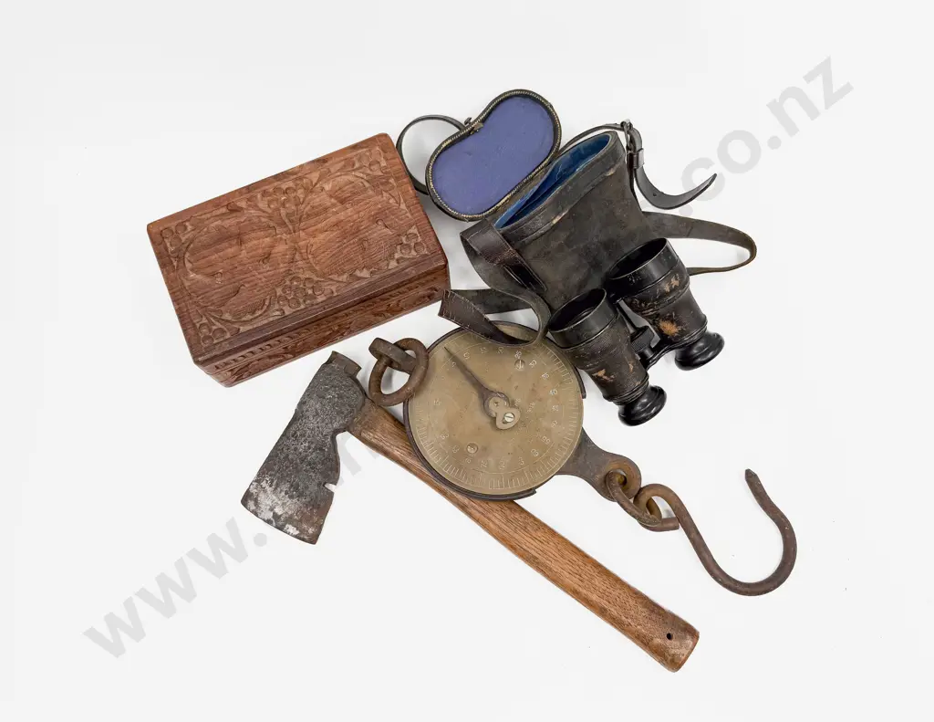 Small Box of Assorted Vintage incl Scale Hatchet & Binoculars etc Image 1++