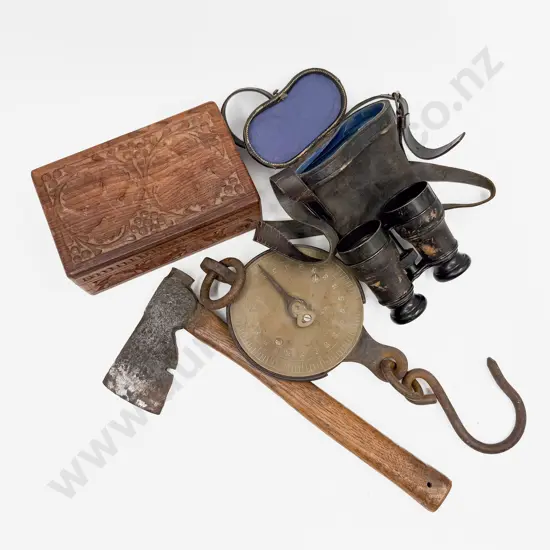 Small Box of Assorted Vintage incl Scale Hatchet & Binoculars etc