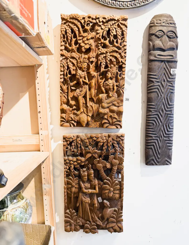 Two Thai Carved Relief Panel Wall Hangings Image 1++