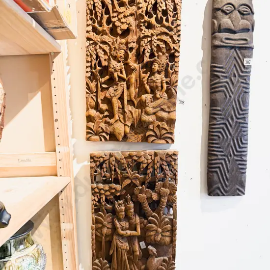 Two Thai Carved Relief Panel Wall Hangings