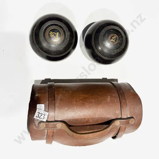 Leather Cased Pair of Lawn Bowls