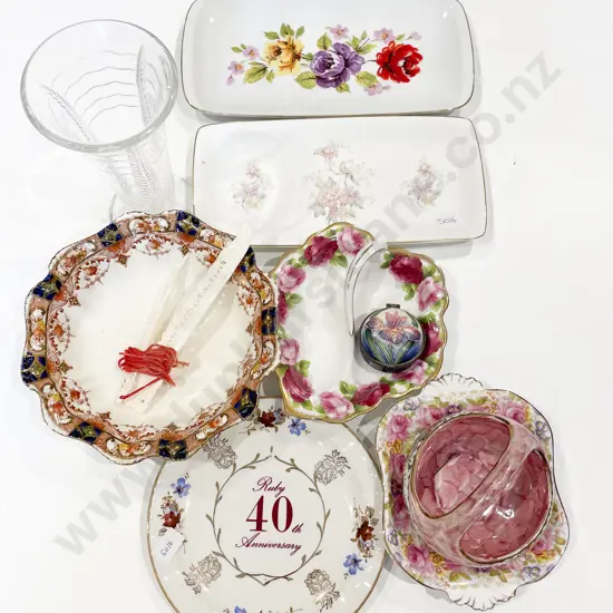 Box Qty of Assorted China etc together with Crystal Vase
