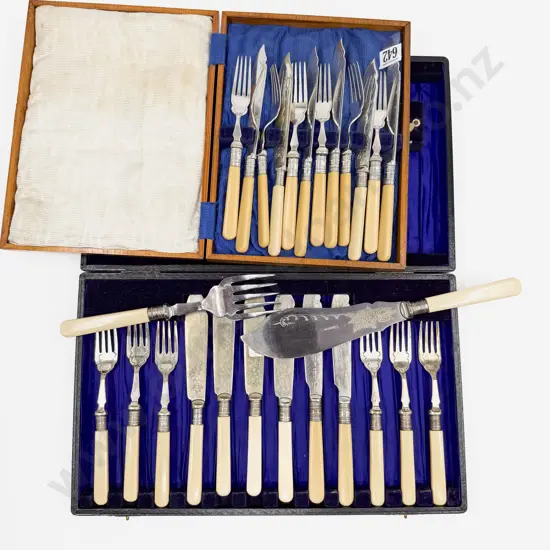 Cased Bone Handled Fish Service together with Cased Bone Handled Fish Knives & Forks