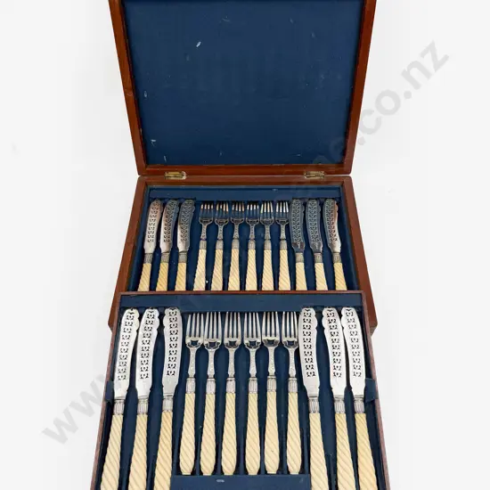 Cased Victorian Walker & Hall Ivory Handled Two Tray Fish Knives & Forks Set