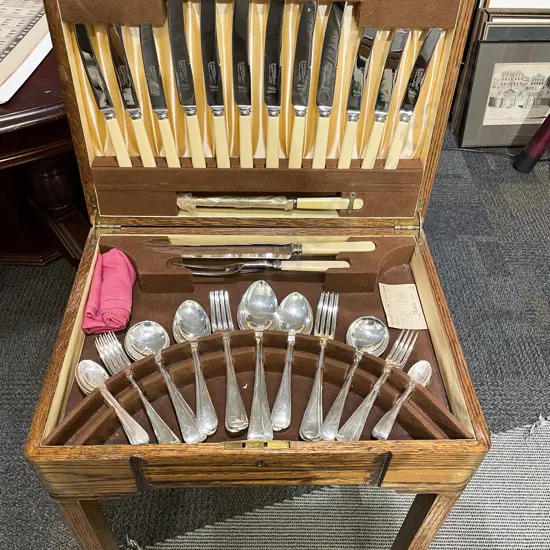 Romney 53 Pce Oak Cutlery Cabinet Set incl Bone Handled Knives & Carving Set