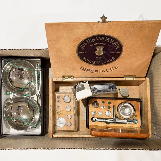 Small Boxed Balance Scales together with Box of Assorted Scale Weights & Postage Weights etc