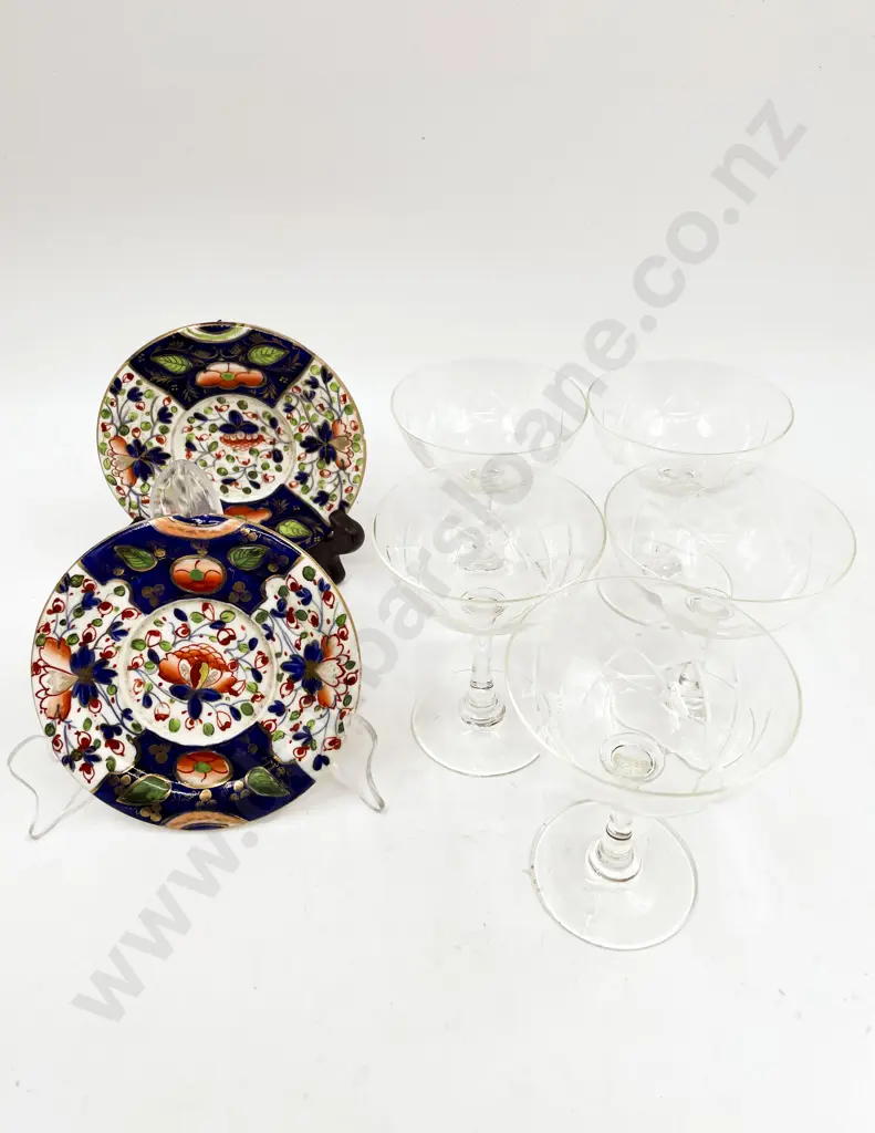Five Glass Champagne Coupes together with Two Imari Pattern Dishes Image 1++