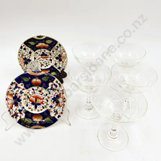 Five Glass Champagne Coupes together with Two Imari Pattern Dishes