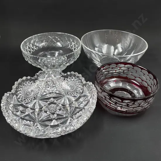 Bohemian Ruby Flashed Bowl and Three Other Crystal/Glass Bowls