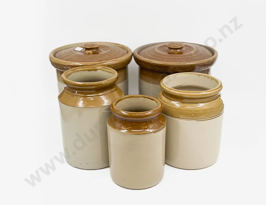 A Pair of Stoneware Lidded Crocks & Three Others Image 1++