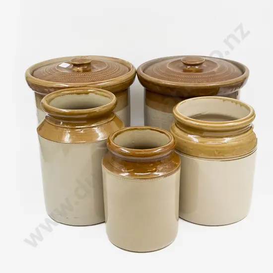 A Pair of Stoneware Lidded Crocks & Three Others