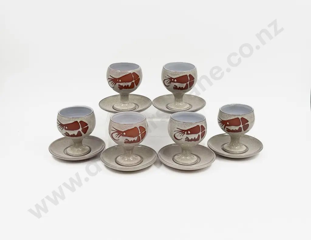 Set of Six Glazed Terracotta Shrimp Cocktail Goblets & Saucers Image 1++