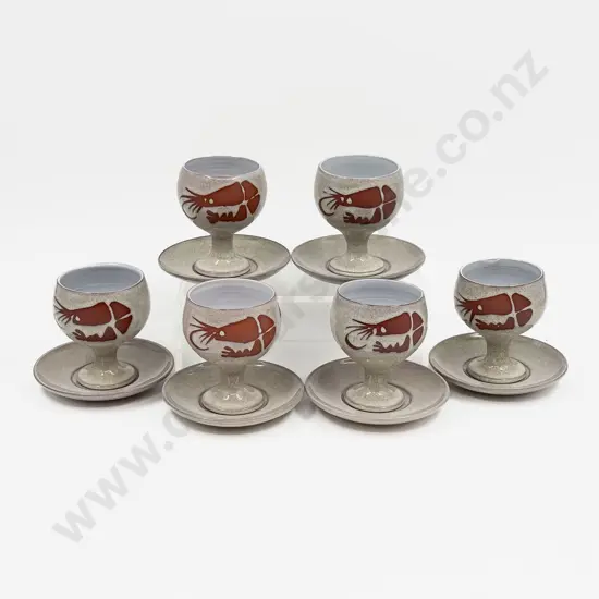 Set of Six Glazed Terracotta Shrimp Cocktail Goblets & Saucers