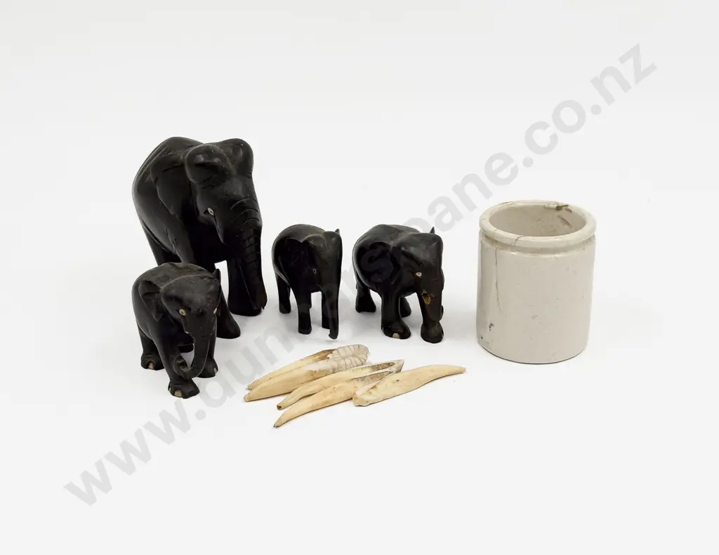 Four Assorted Ebony Elephants & Assorted Tusks Image 1++