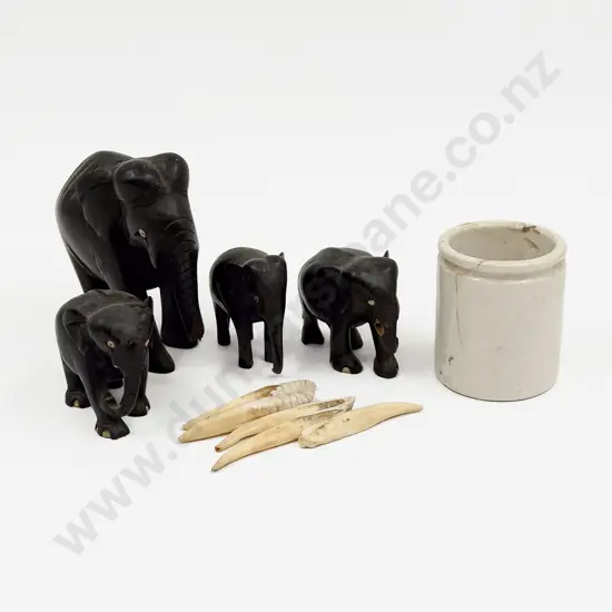 Four Assorted Ebony Elephants & Assorted Tusks