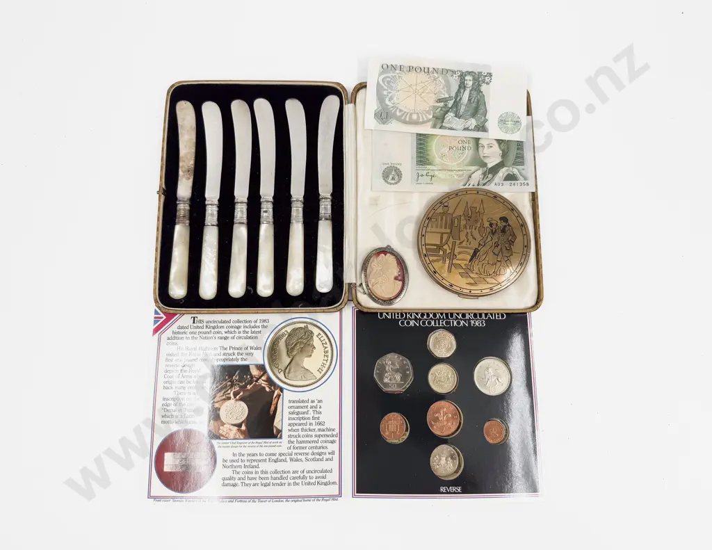 Cased Set of MOP Handled Fruit Knives together with Coin Set Cameo Brooch & Compact Image 1++