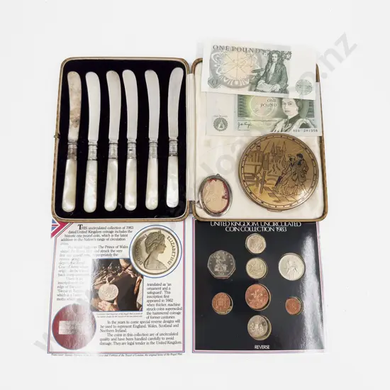 Cased Set of MOP Handled Fruit Knives together with Coin Set Cameo Brooch & Compact