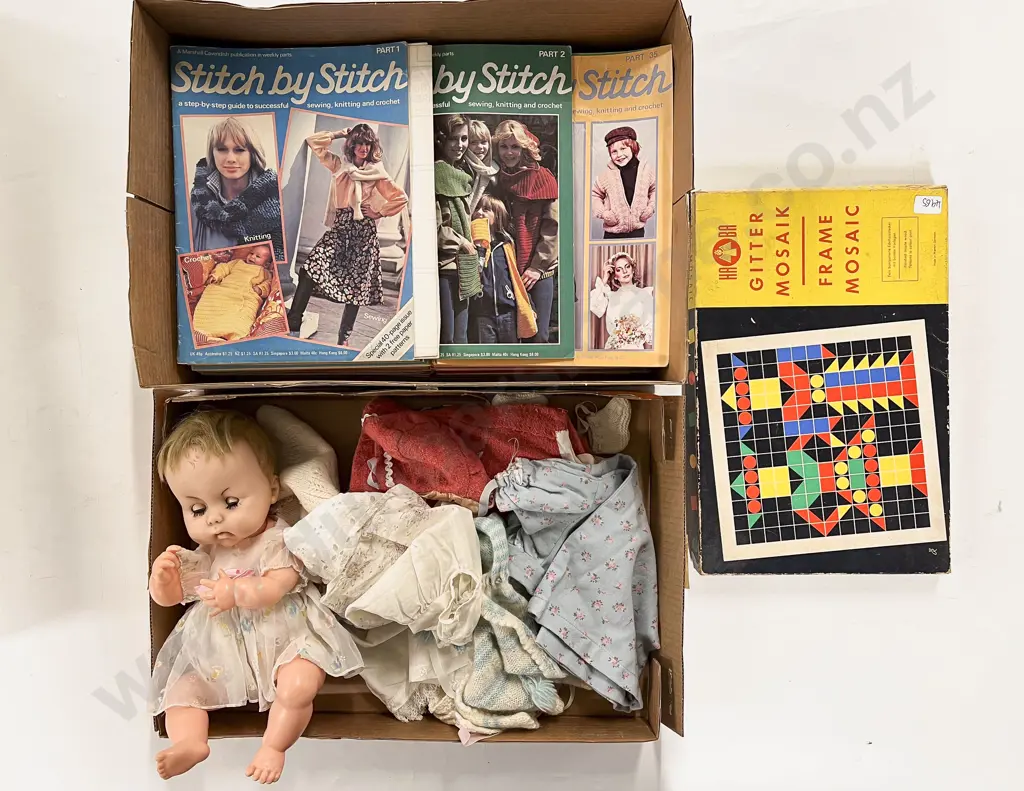 Box Qty of Assorted incl Dolls & Clothing together with Vintage Sewing Magazines etc Image 1++