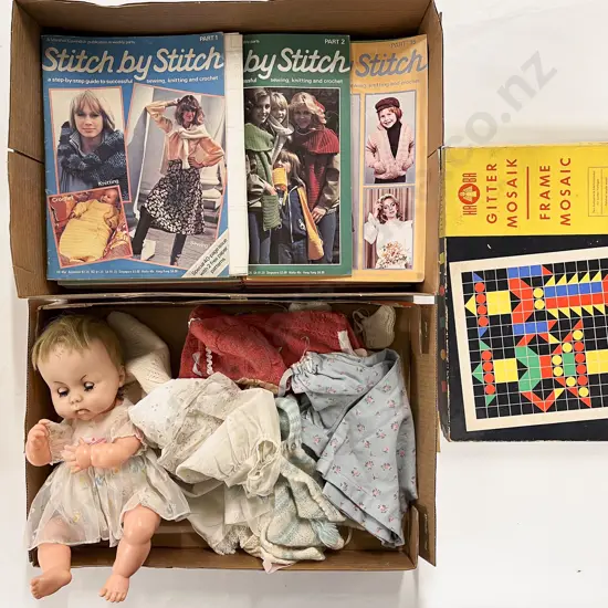 Box Qty of Assorted incl Dolls & Clothing together with Vintage Sewing Magazines etc
