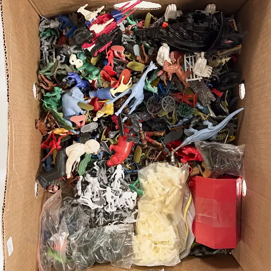 Box Qty of Assorted Plastic Figures & Toys etc