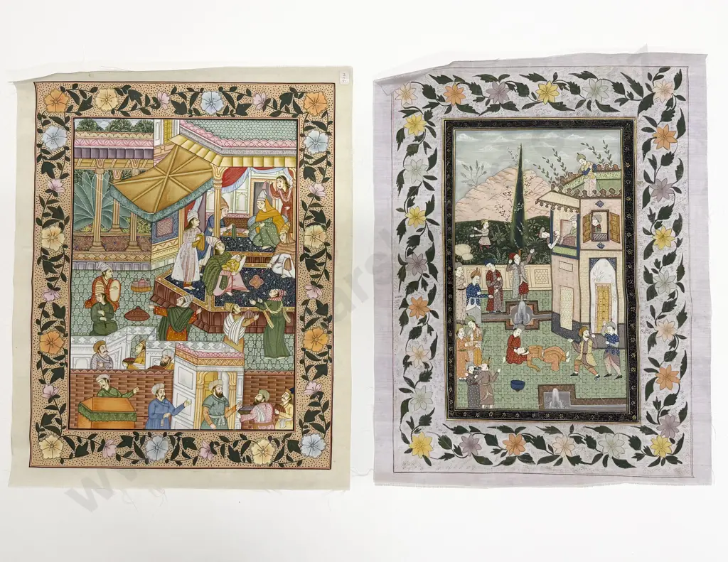 Two Late C20th Moghul School Paintings on Silk Image 1++