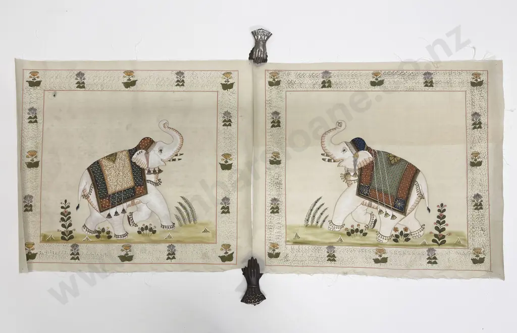 Pair Late C20th Moghul School Paintings on Silk Image 1++