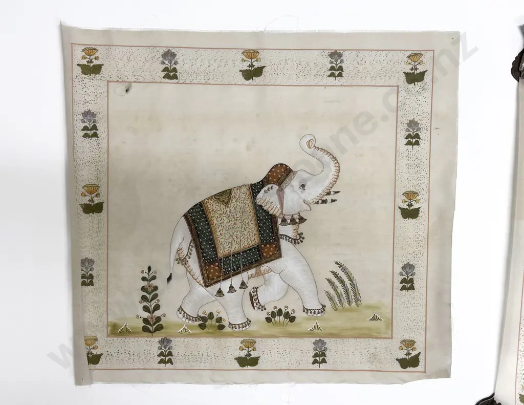 Pair Late C20th Moghul School Paintings on Silk Image 1++