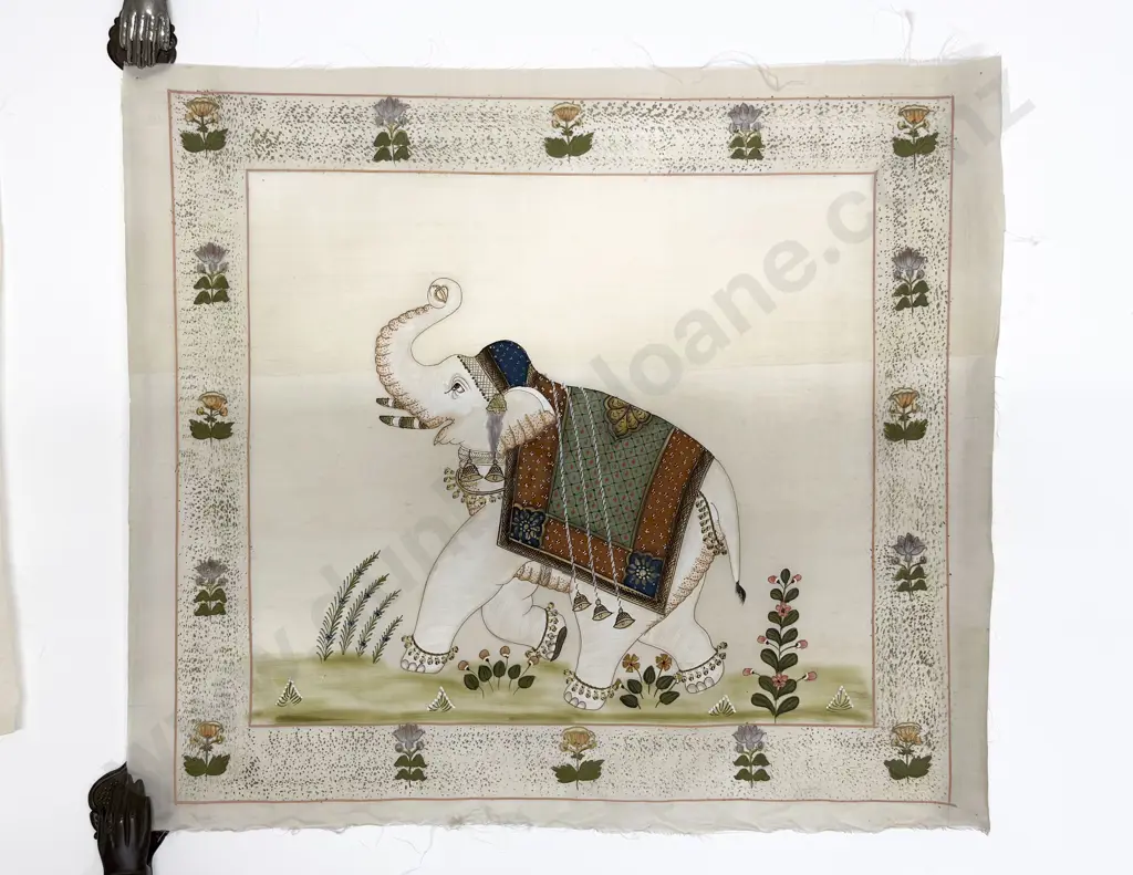 Pair Late C20th Moghul School Paintings on Silk Image 1++