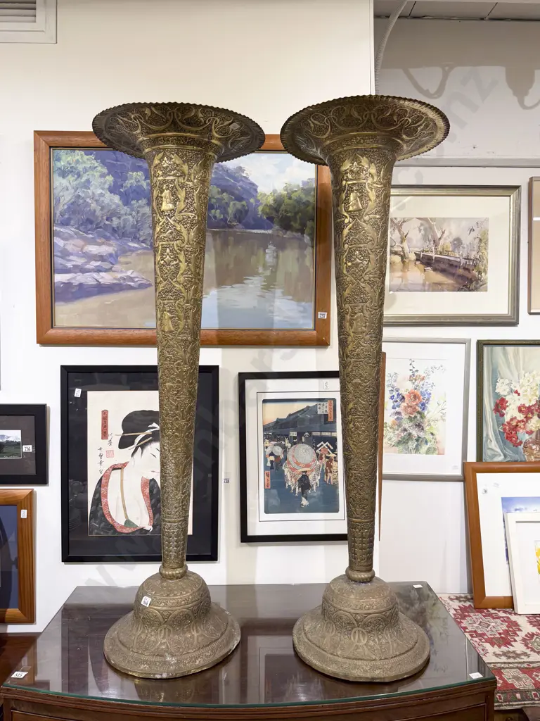 Large Pair of Indian Brass Trumpet Shaped Floor Vases Image 1++