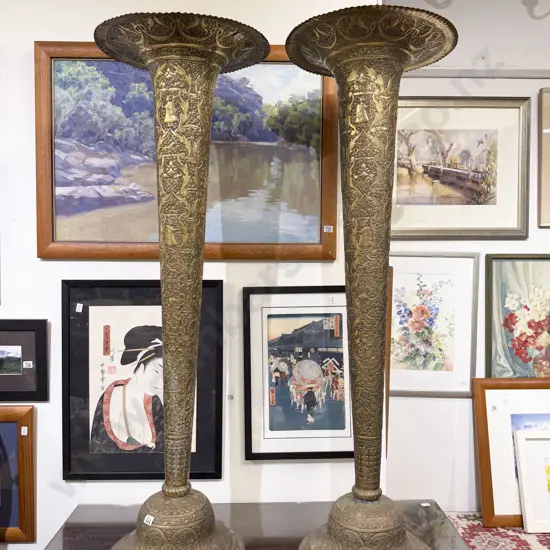 Large Pair of Indian Brass Trumpet Shaped Floor Vases