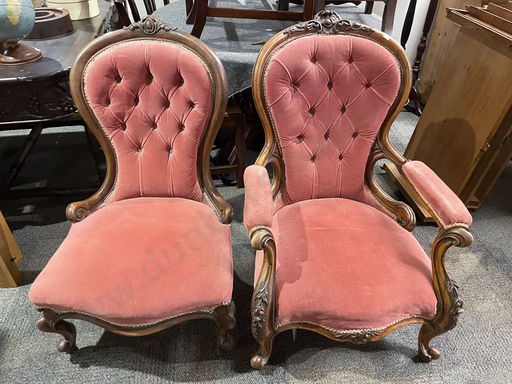 Vict Walnut Grandfather & Grandmother Chairs Image 1++