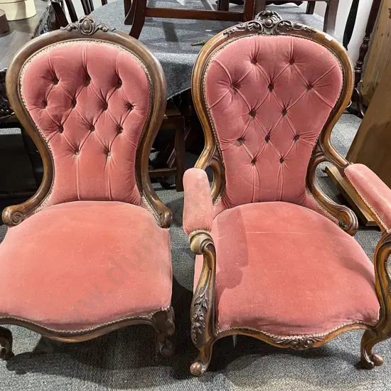 Vict Walnut Grandfather & Grandmother Chairs