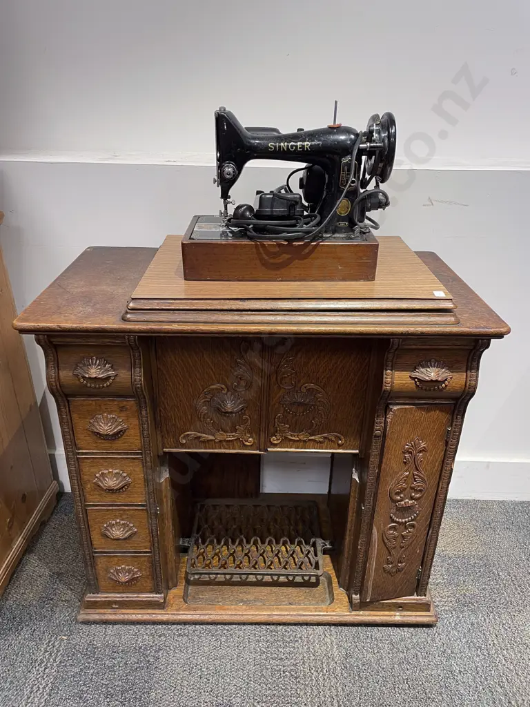Oak Treadle Based Sewing Machine Cabinet with Singer Sewing Machine Image 1++
