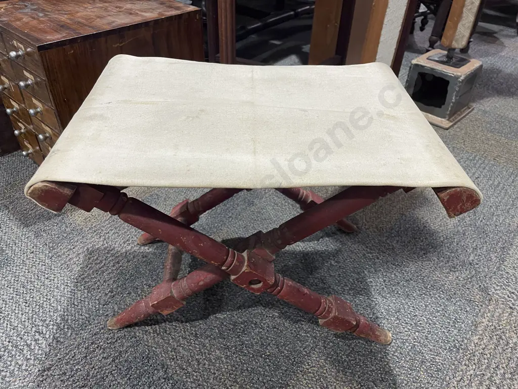 Vintage Canvas Topped Folding Stool Image 1++