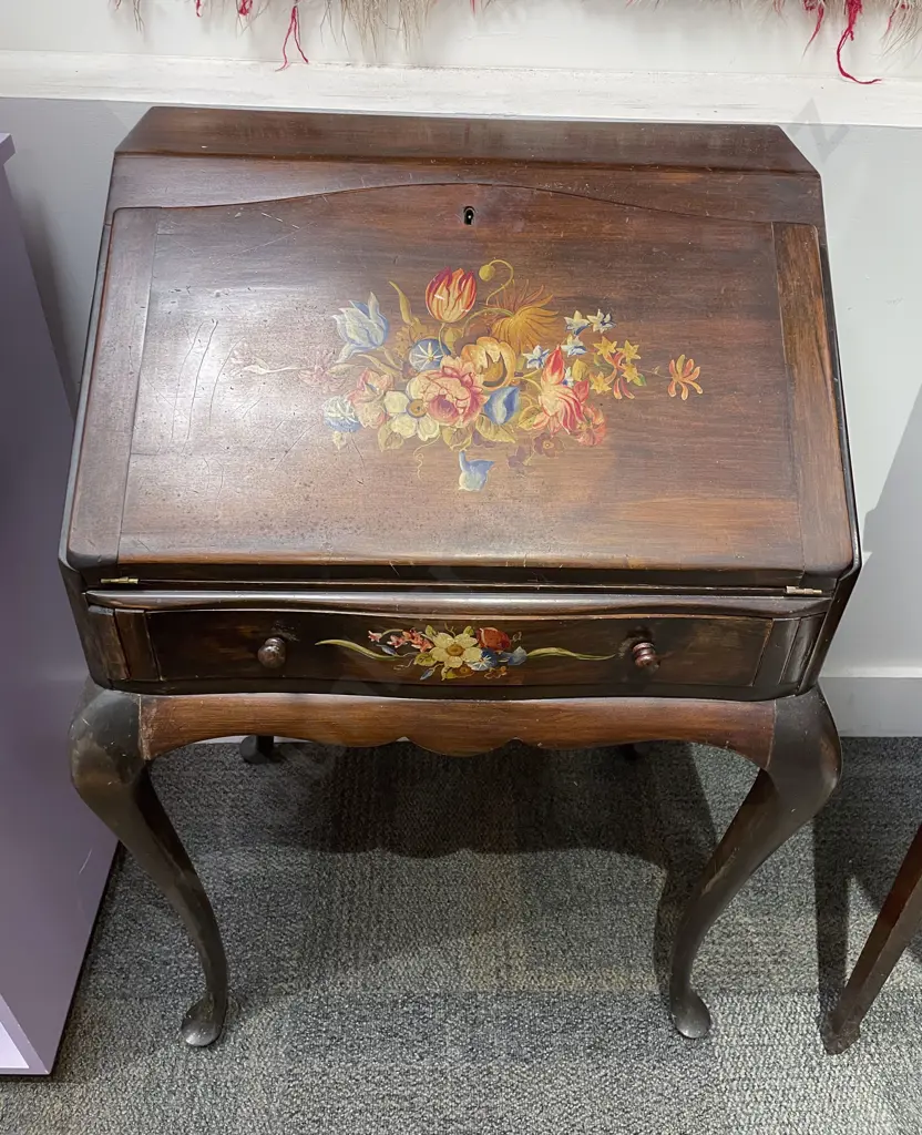 Colonial Kauri Writing Bureau with Florence Adams Floral Decoration Image 1++