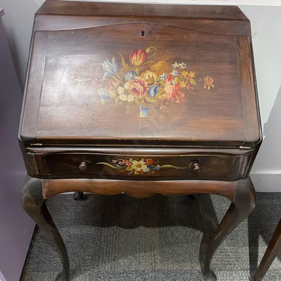 Colonial Kauri Writing Bureau with Florence Adams Floral Decoration