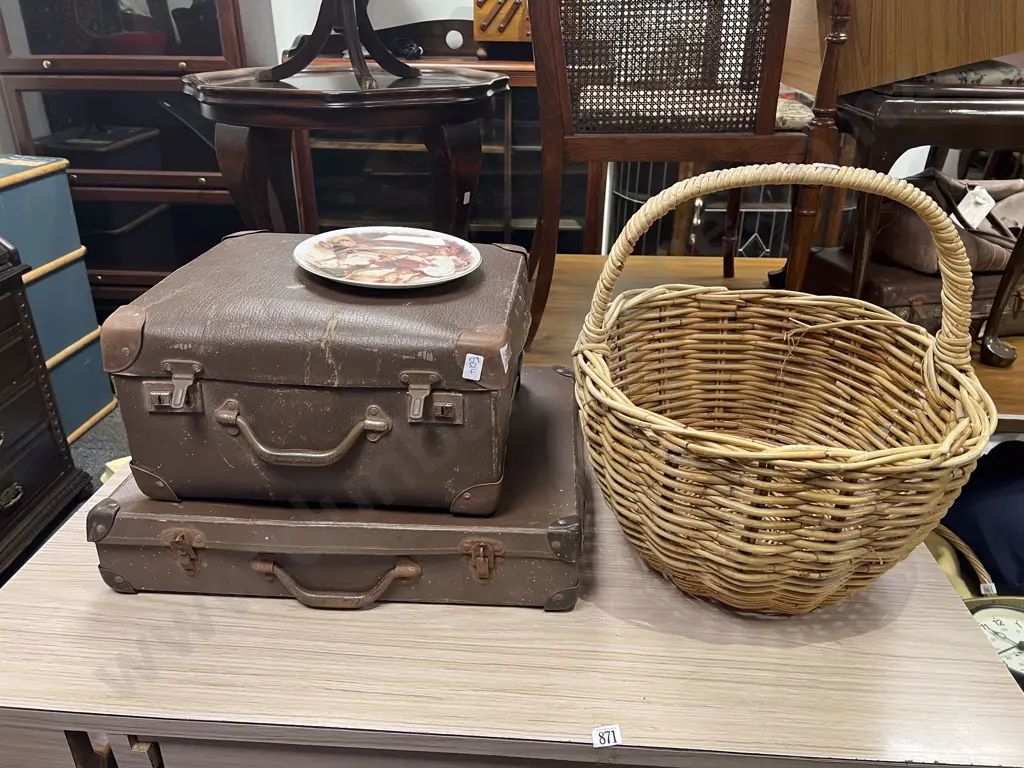Wicker Basket & Two Vintage Briefcases Image 1++