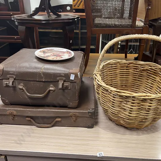 Wicker Basket & Two Vintage Briefcases