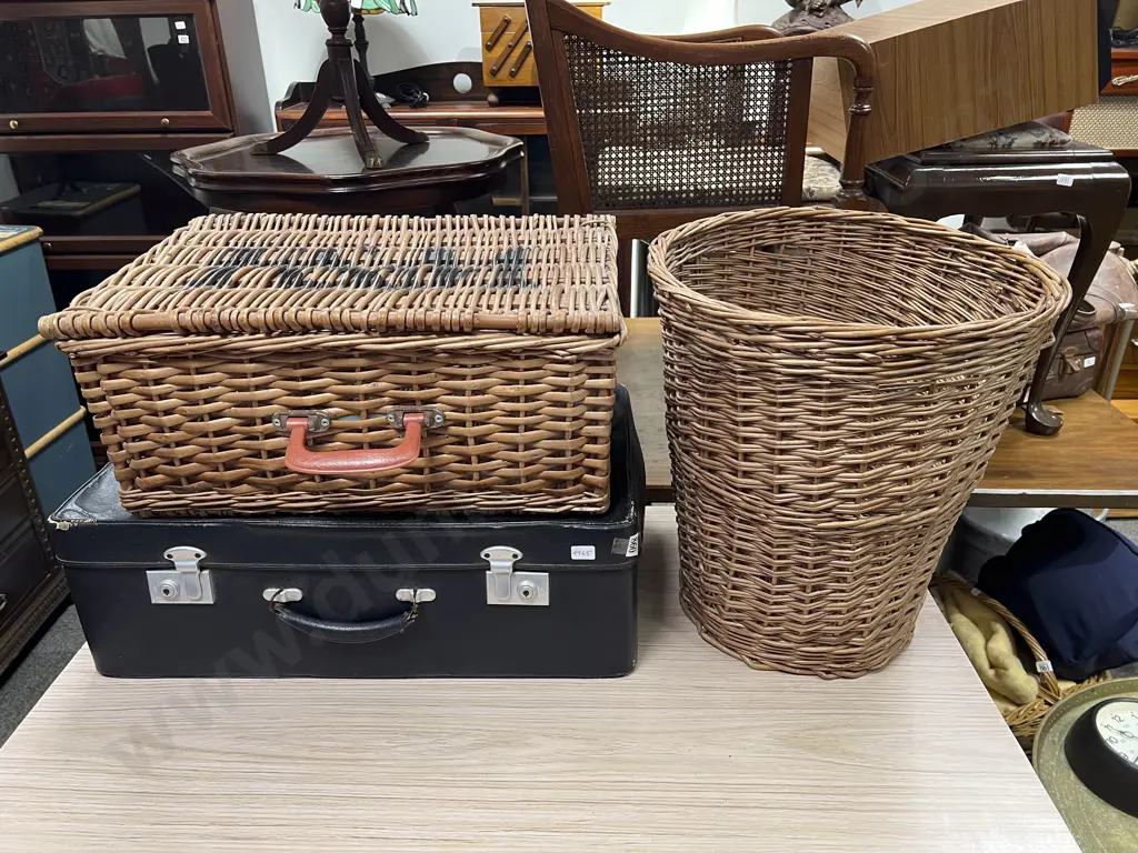Vintage Suitcase & Wicker Picnic Basket Image 1++